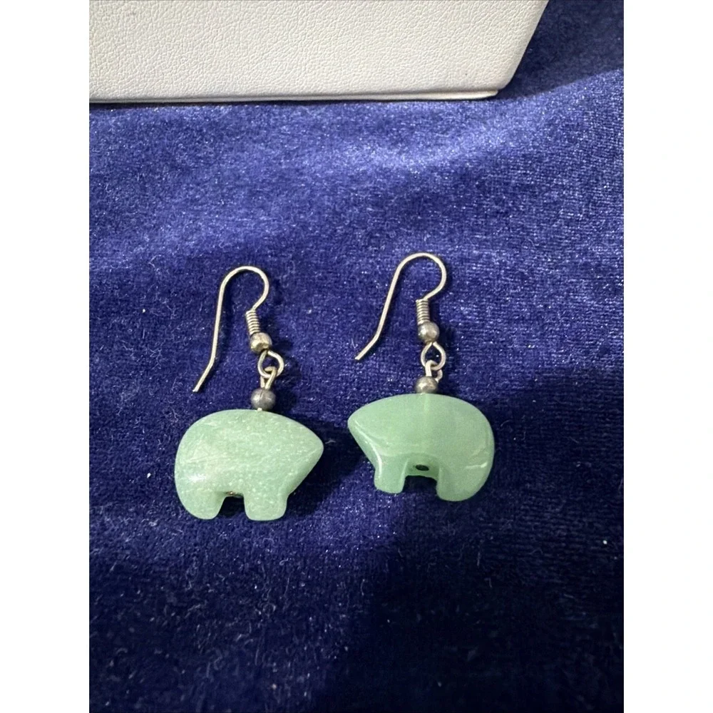 GREEN AGATE HEARTLINE BEAR EARRINGS, Small -Silver Tone Ear Wires